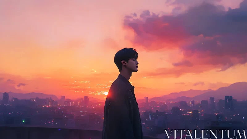 Solitary rooftop dreamer under neon-softened sunset haze.