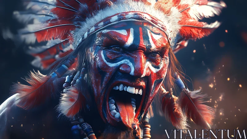 Digitally rendered warrior figure with painted face and headdress.