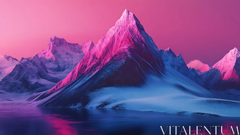 Iridescent alpine peak under magenta twilight sky.