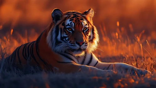 Tiger lies in dry grass under low warm directional light
