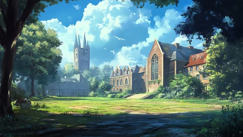 Sunlit academy courtyard hums quietly beneath drifting clouds