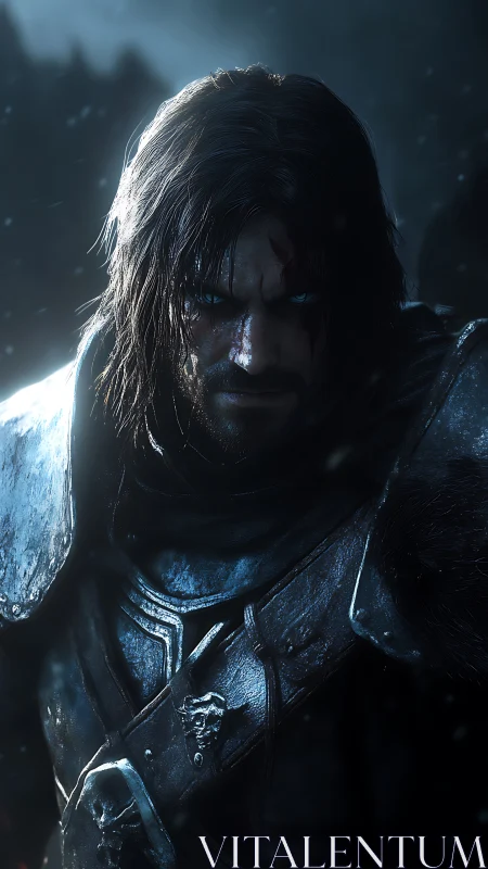 Cinematic render of armored warrior with high-contrast blue rim lighting