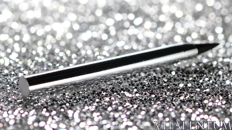 Silver eyeliner pencil rests on sparkling glitter surface.