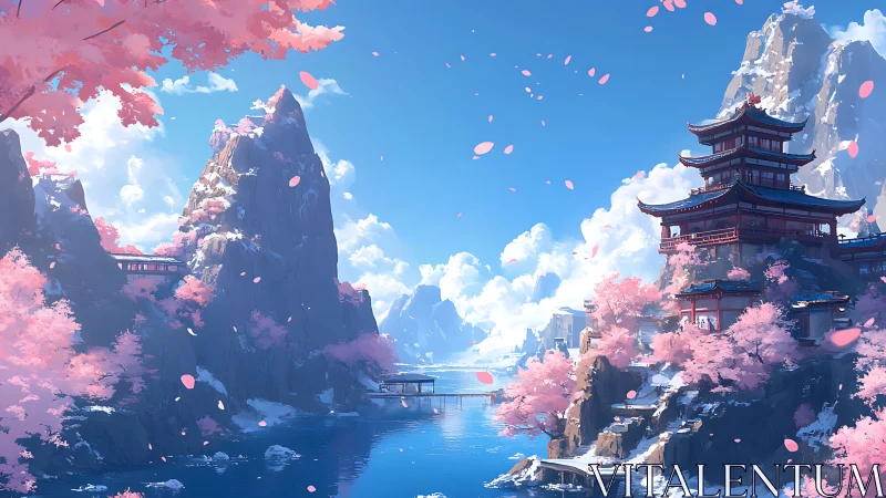 Serene cherry blossom valley renders layered pagoda landscape