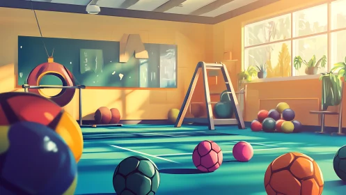 Sunlit indoor playroom with colorful sports balls scattered.