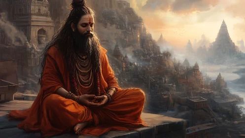 Meditating sage overlooks misty ancient city at sunrise