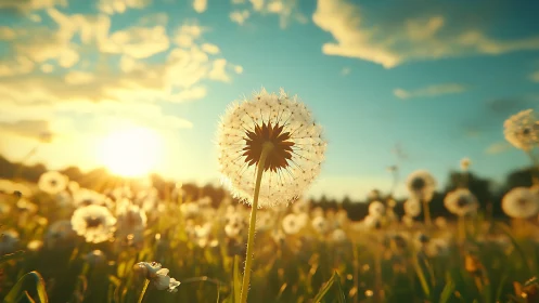 Closeup dandelion seed head against bright sunset sky.