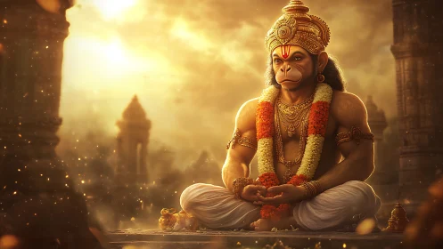 Anthropomorphic monkey deity figure in meditative temple setting.