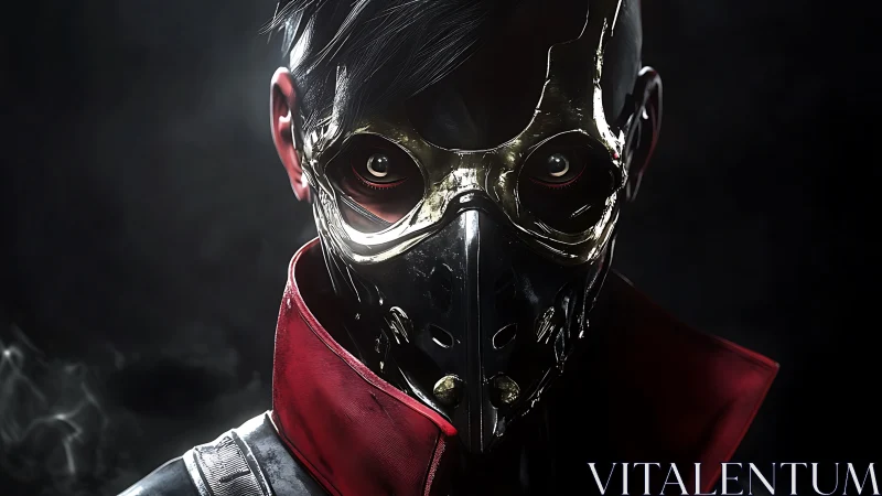 Masked cyberpunk assassin stares through gleaming metal visor.