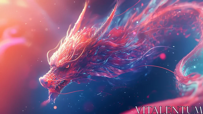 Radiant cosmic dragon drifting through neon starlight.