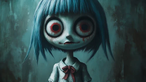 Big eyed blue haired doll girl stands in eerie dim light