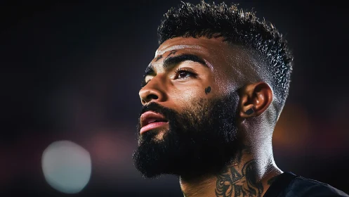 Sweat‑lit athlete portrait under stadium bokeh lighting