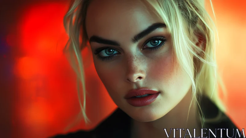 Close-up portrait of blonde woman against red bokeh background.