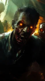 Molten-eyed zombie staggers from burning streets at dusk