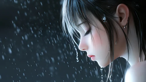 Profile view shows stylized female figure rendered in rainfall