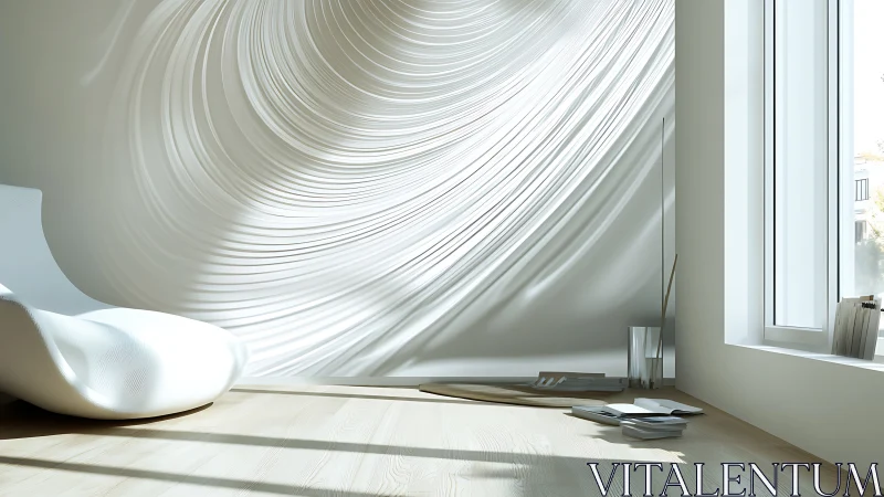 Calm modern lounge with sculpted swirl wall and soft light.