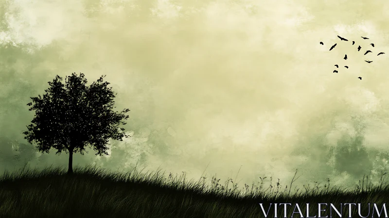 Gentle hillside tree beneath drifting birds and quiet sky.