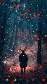 Antlered wanderer in ember-lit snow forest dreaming.