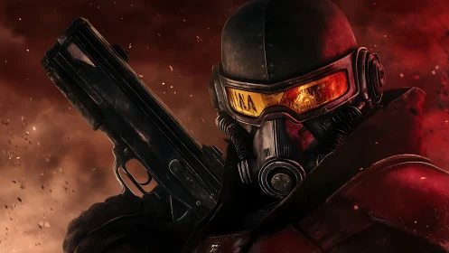 Armored wasteland soldier aims sidearm amid burning dust