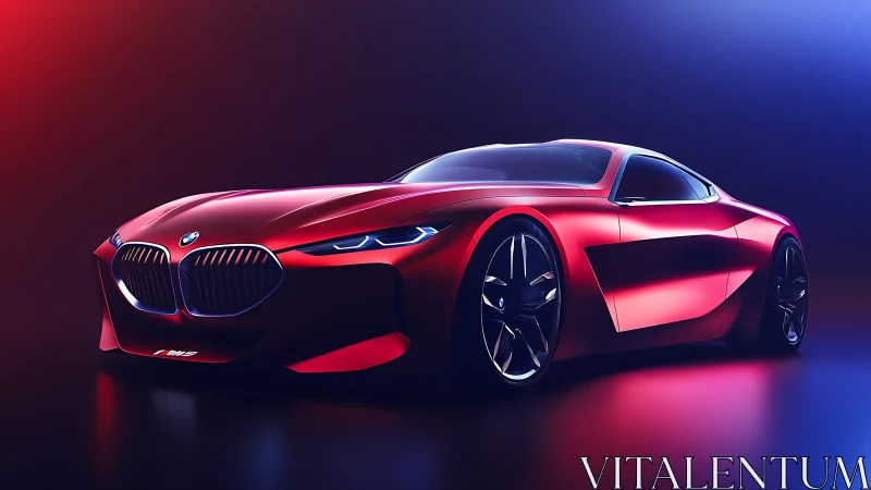 High-gloss red BMW concept coupe under dual-color studio lighting