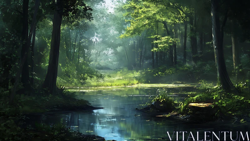 Forest Stream with Filtered Sunlight Through Canopy.