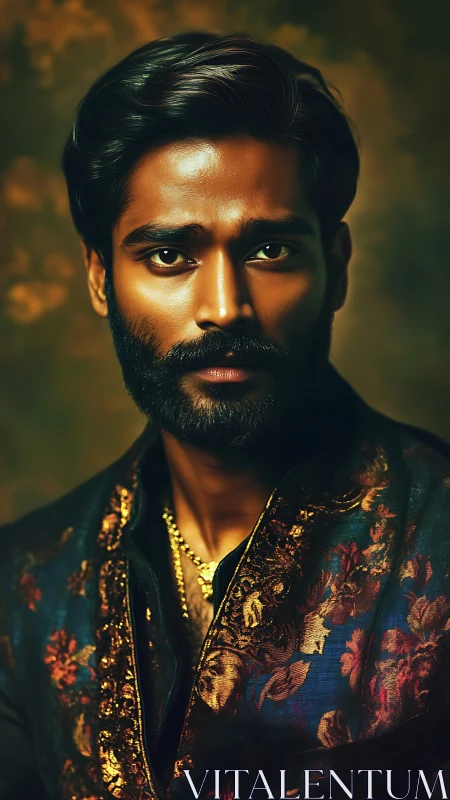 Regal bearded man gazes forward in warm golden light