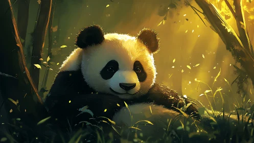 Backlit panda nestled in volumetric forest light gradients.