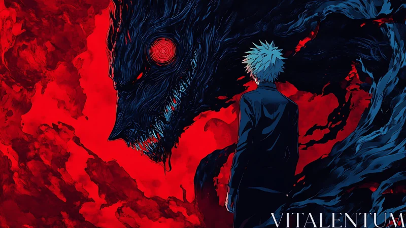 White haired figure facing large dark creature in red void.