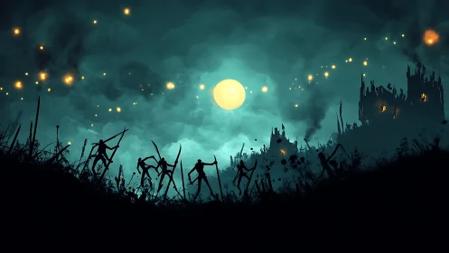 Moonglow guides eerie warriors toward a distant burning citadel