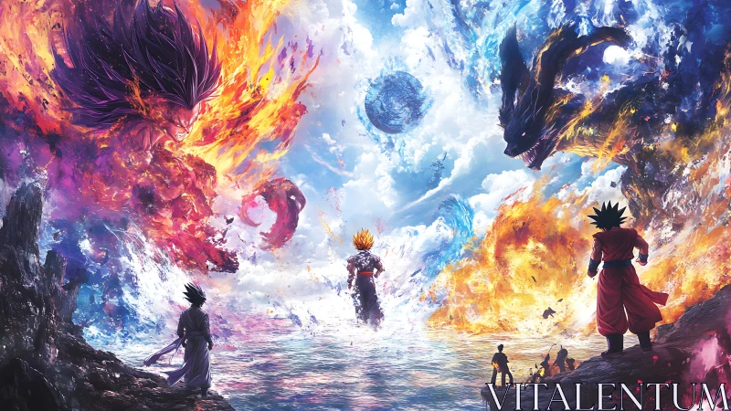 Fiery warriors and cosmic dragons meet above gleaming tides.