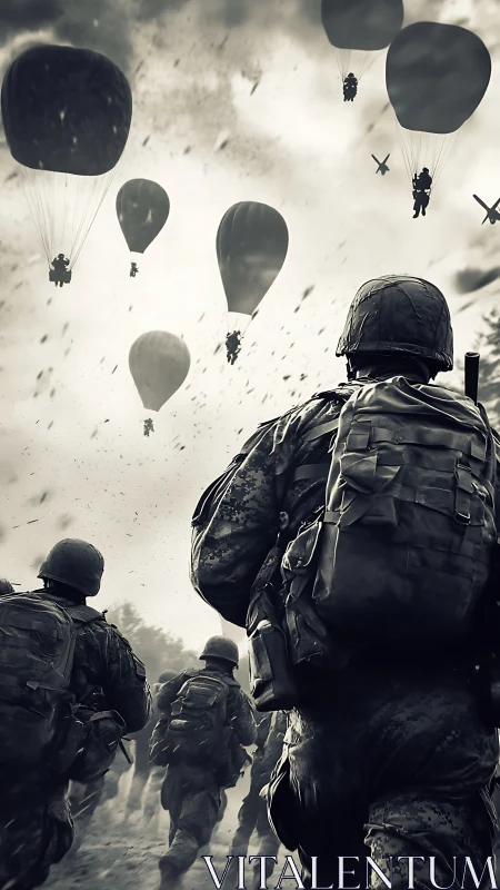 Monochrome wartime paratrooper advance in dynamic vertical frame.