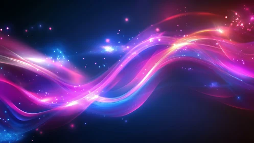 Neon light trails curve across dark background with sparkles