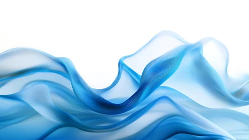 Blue translucent wave ribbons curve across white space