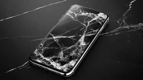 Smartphone with extensively shattered glass screen on surface.