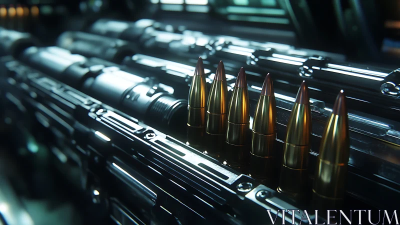 Metallic rifle cartridges stand aligned on engineered rails