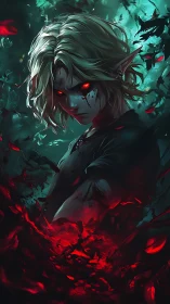 Elf-like figure with red eyes amid abstract red energy.