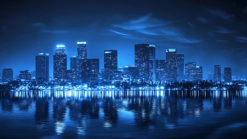 Neon blue city skyline reflects across calm waterfront
