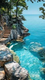Rock shoreline with stone steps descending into clear water