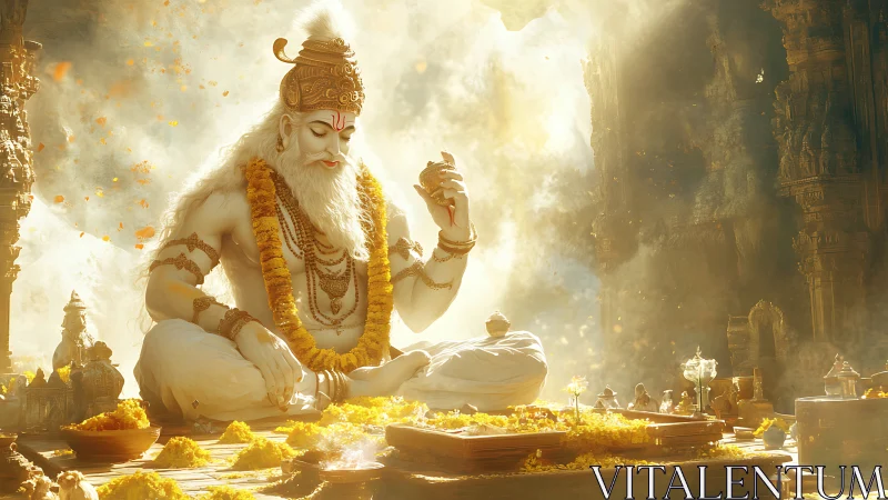 Divine sage statue amid golden offerings and radiant light.