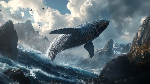 Majestic whale breaches stormy seascape between jagged cliffs.
