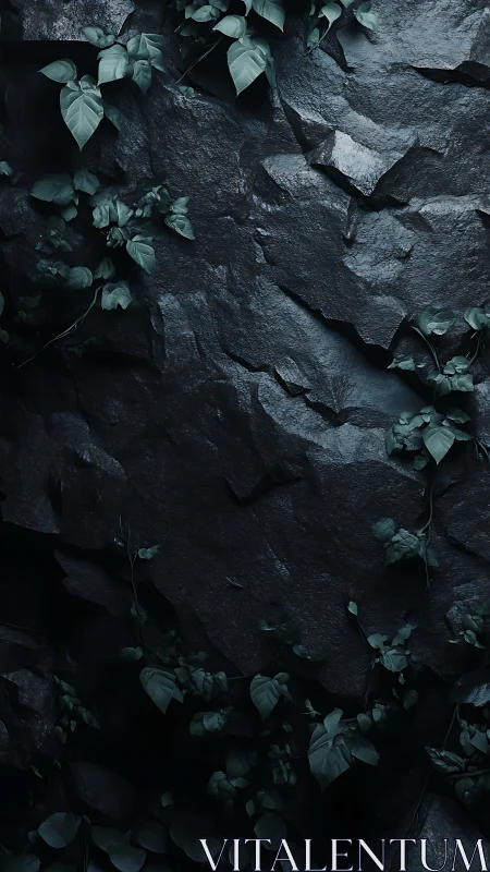 Moody dark rock wall with climbing foliage in soft focus