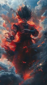 Stormforged warrior rises in blazing sky of molten clouds.