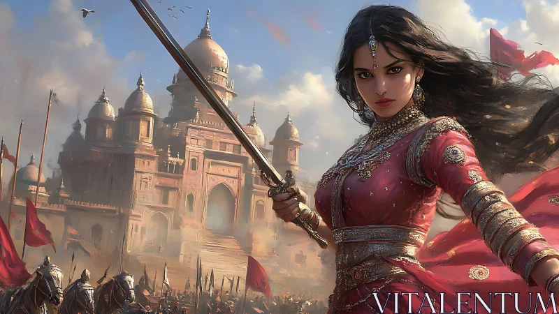 Armored female warrior before domed palace and army ranks.