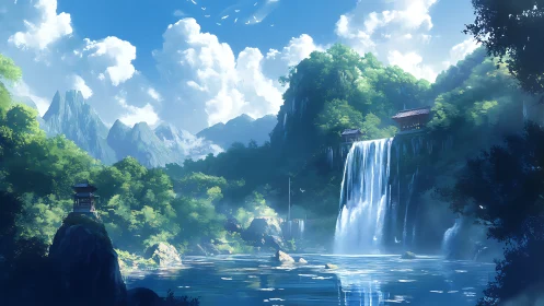 Mountain waterfall landscape with temples and blue sky.