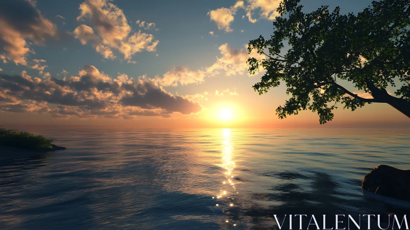 Golden shoreline sunset with calm water and quiet sky.