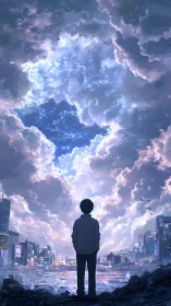 Backlit silhouette observes expansive cumulonimbus above cityscape