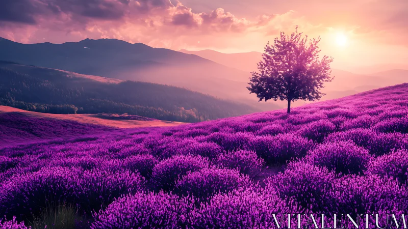Sunlit lavender hillside welcomes a lone, peaceful tree