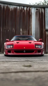 Red supercar stands poised against a weathered metal backdrop