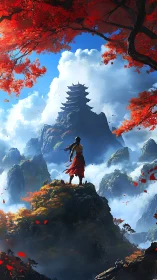 Wanderer beholds sky-piercing pagoda beyond crimson peaks.
