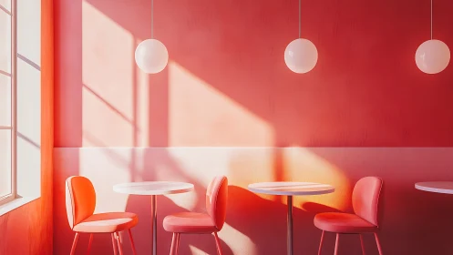 Sunlit coral caf&eacute; corner with soft modern minimal charm.